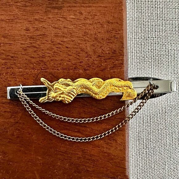 Vintage Gold Dragon Tie Clip w/ Chain Accent - Picture 1 of 9
